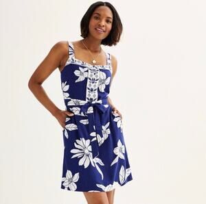 NWT Draper James RSVP Linen Blend Floral Tie Waist Dress Medium Blue White